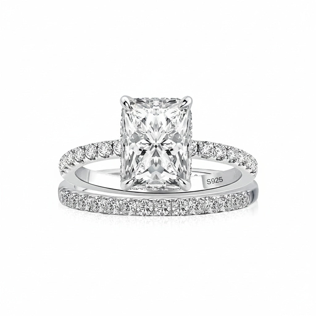 Aurevyn S925 2.0Ct Radiant Cut Engagement Ring Set in Sterling Silver with Pave Wedding Band
