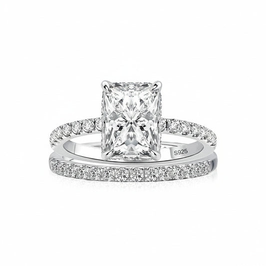 Aurevyn S925 2.0Ct Radiant Cut Engagement Ring Set in Sterling Silver with Pave Wedding Band