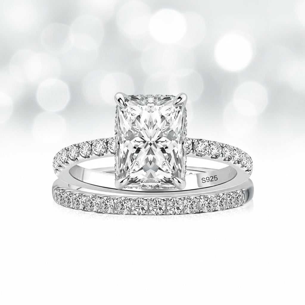 Aurevyn S925 2.0Ct Radiant Cut Engagement Ring Set in Sterling Silver with Pave Wedding Band