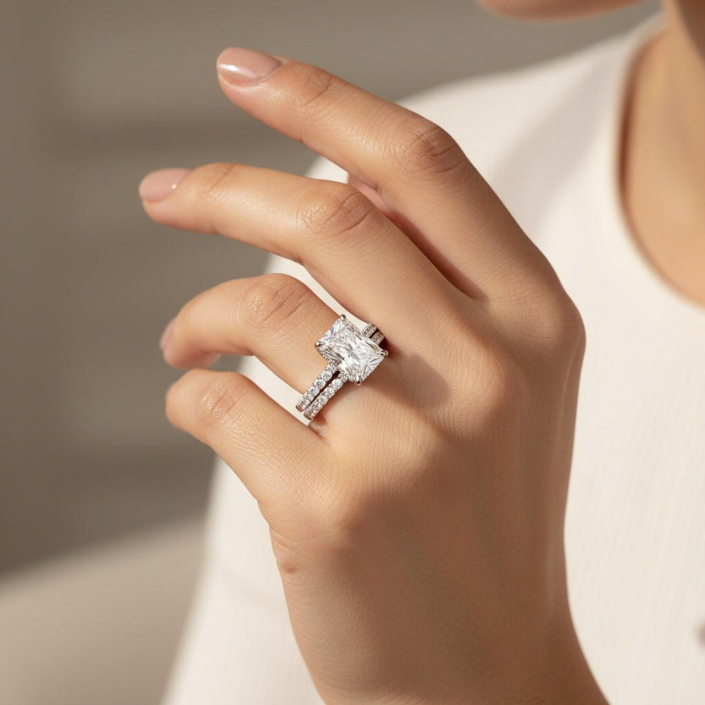 Aurevyn S925 2.0Ct Radiant Cut Engagement Ring Set in Sterling Silver with Pave Wedding Band