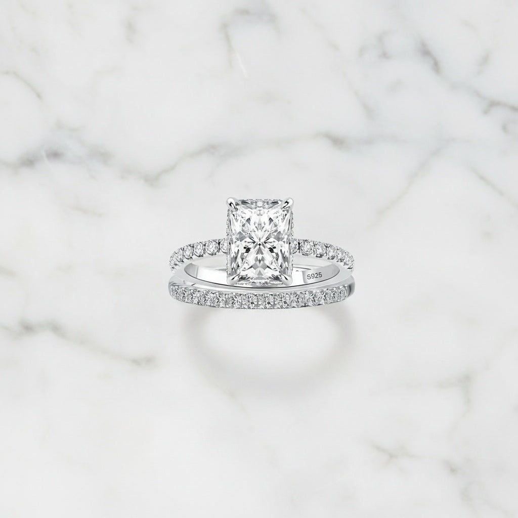 Aurevyn S925 2.0Ct Radiant Cut Engagement Ring Set in Sterling Silver with Pave Wedding Band