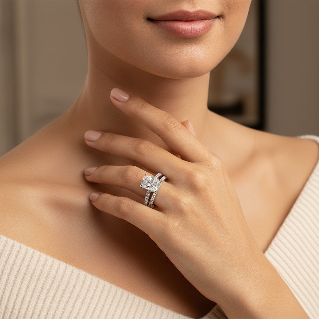 Aurevyn S925 2.0Ct Radiant Cut Engagement Ring Set in Sterling Silver with Pave Wedding Band