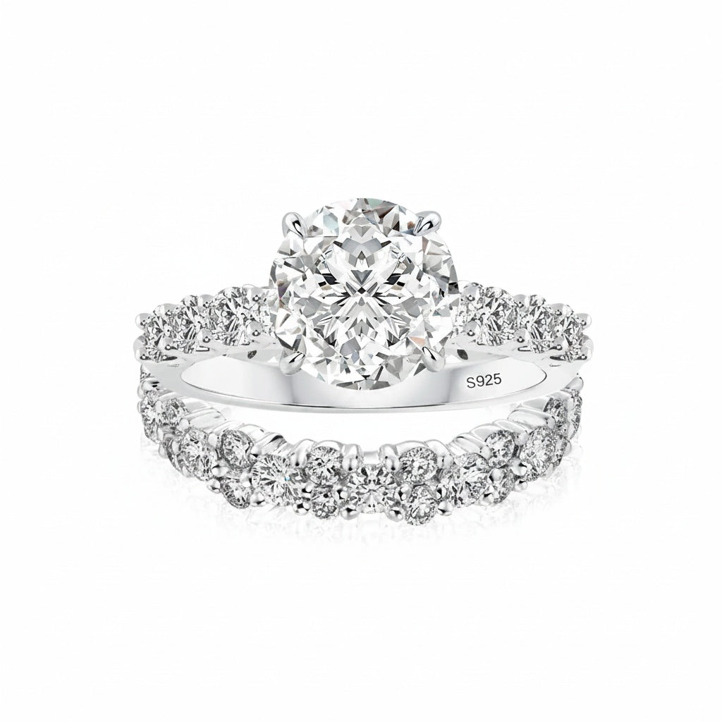Aurevyn S925 2.0Ct Round Cut 2PC Brival Ring Set Solitaire Promise Ring & Pavé Eternity Band