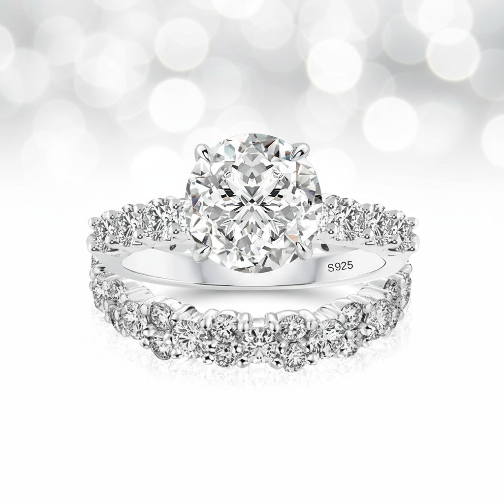 Aurevyn S925 2.0Ct Round Cut 2PC Brival Ring Set Solitaire Promise Ring & Pavé Eternity Band