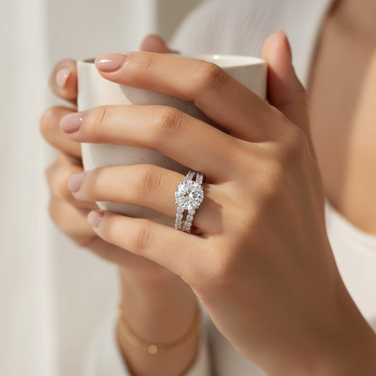 Aurevyn S925 2.0Ct Round Cut 2PC Brival Ring Set Solitaire Promise Ring & Pavé Eternity Band