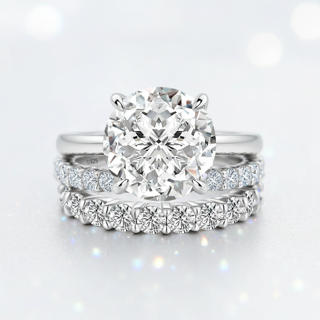 Aurevyn S925 3.0Ct Round Cut 2PC Engagement Ring Set Stackable Ring Set For Women