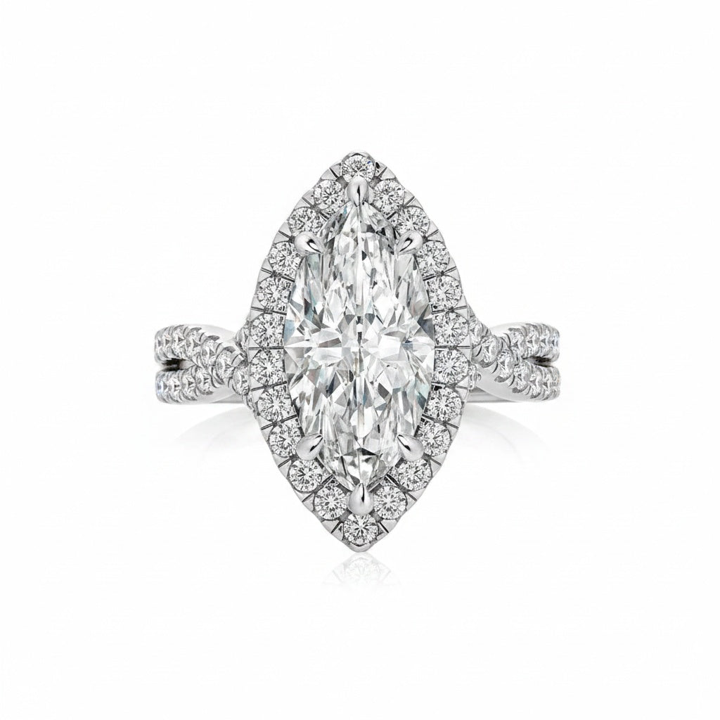 Aurevyn S925 Moissanite 3.0Ct White Marquise Cut Halo Engagement Ring 925 Sterling Silver Promise Ring For Women