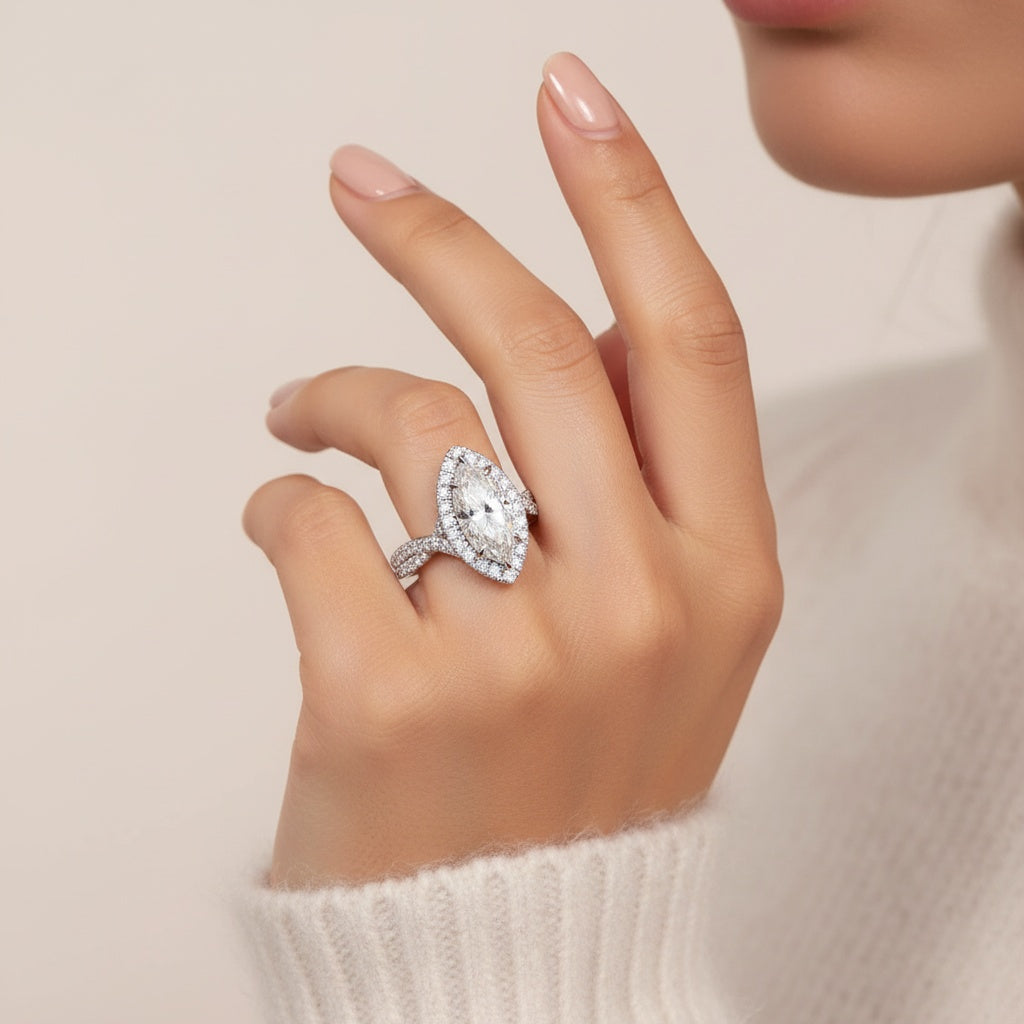 Aurevyn S925 Moissanite 3.0Ct White Marquise Cut Halo Engagement Ring 925 Sterling Silver Promise Ring For Women