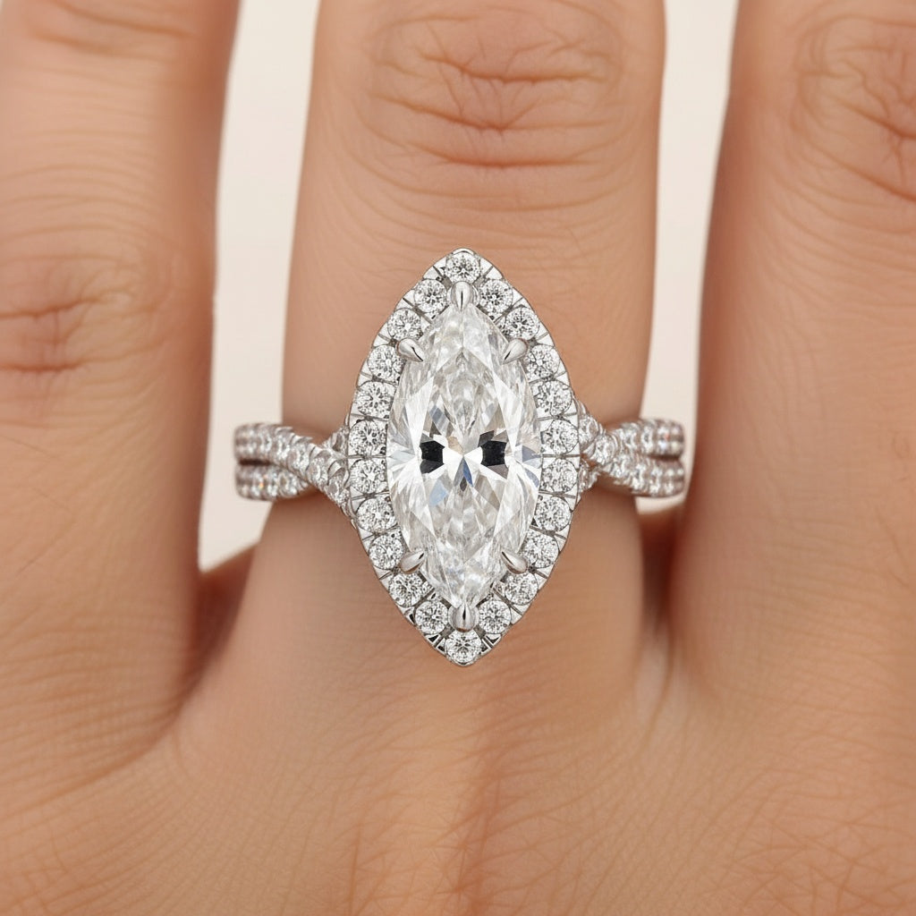 Aurevyn S925 Moissanite 3.0Ct White Marquise Cut Halo Engagement Ring 925 Sterling Silver Promise Ring For Women