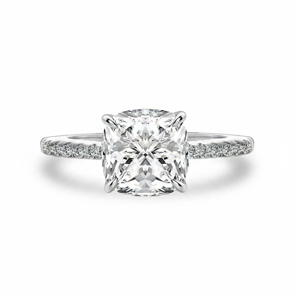 Aurevyn S925 Moissanite 3.5Ct Cushion Cut Double Hidden Halo Engagement Ring in Sterling Silver