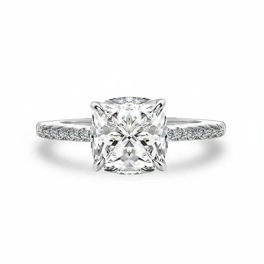 Aurevyn S925 Moissanite 3.5Ct Cushion Cut Double Hidden Halo Engagement Ring in Sterling Silver
