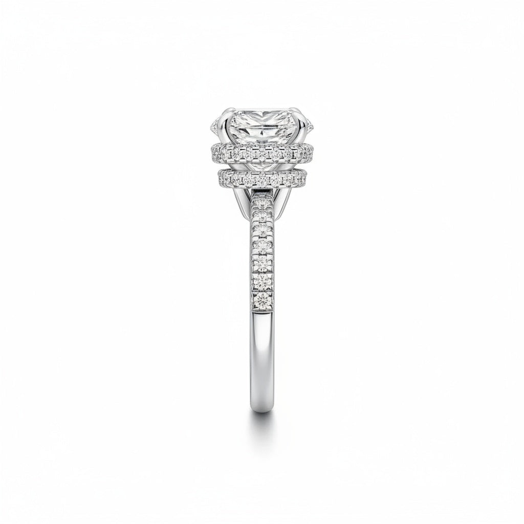 Aurevyn S925 Moissanite 3.5Ct Cushion Cut Double Hidden Halo Engagement Ring in Sterling Silver