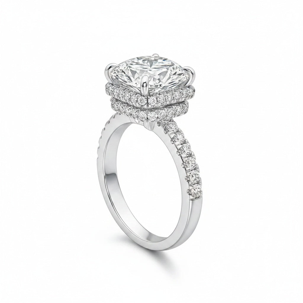 Aurevyn S925 Moissanite 3.5Ct Cushion Cut Double Hidden Halo Engagement Ring in Sterling Silver