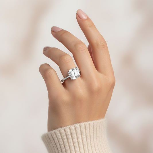 Aurevyn S925 Moissanite 3.5Ct Cushion Cut Double Hidden Halo Engagement Ring in Sterling Silver