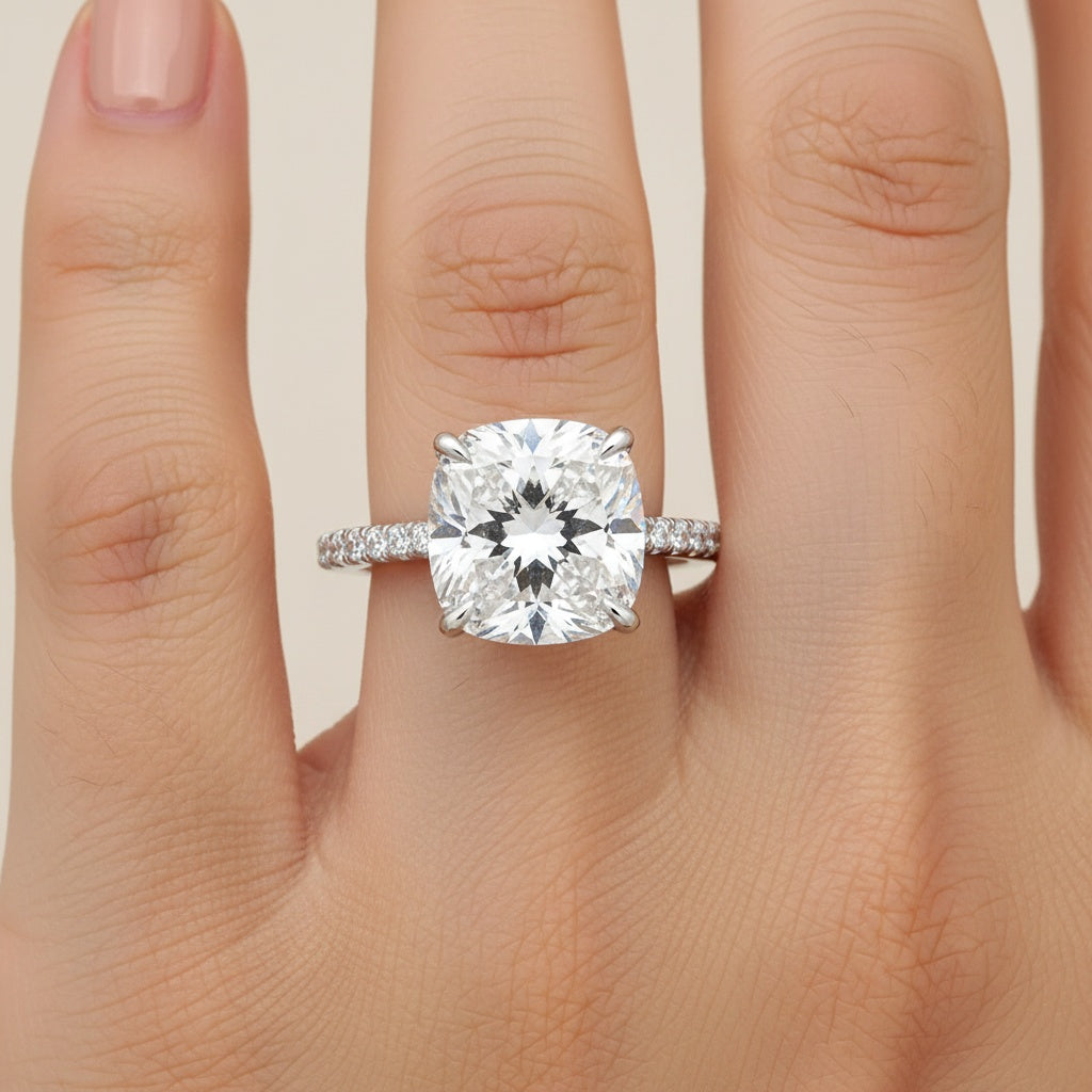Aurevyn S925 Moissanite 3.5Ct Cushion Cut Double Hidden Halo Engagement Ring in Sterling Silver