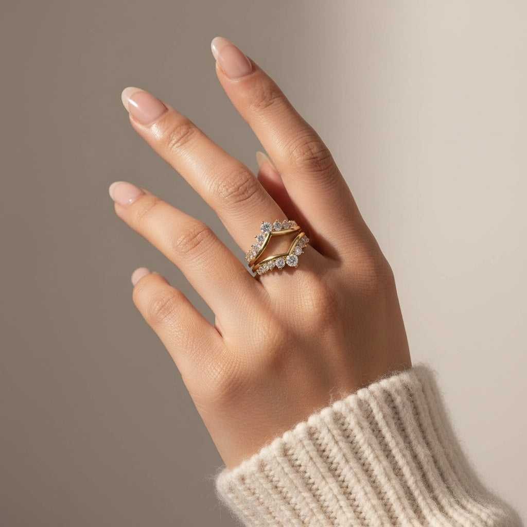 Aurevyn S925 Moissanite V-Shaped Crown Enhancer Band In 18K Yellow Gold Plated Silver