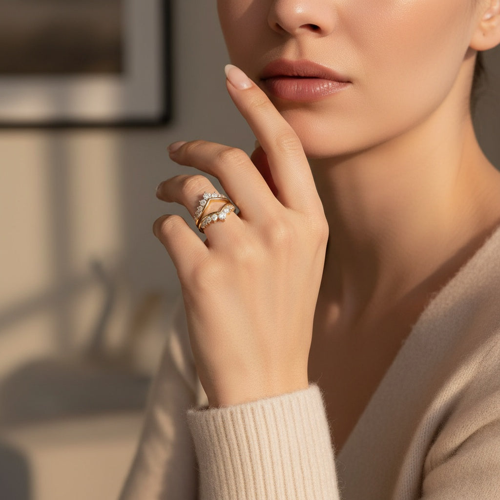 Aurevyn S925 Moissanite V-Shaped Crown Enhancer Band In 18K Yellow Gold Plated Silver