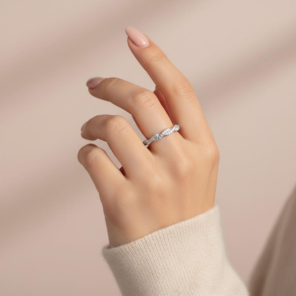 Aurevyn S925 Wave-Shaped Eternity Band In Sterling Silver Stackable Wedding Ring For Women