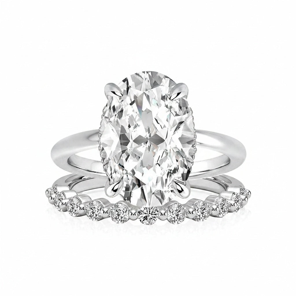 Aurevyn Solitaire 5.5Ct Oval Cut White Gold Moissanite Wedding Ring Set With Round Cut Wedding Band