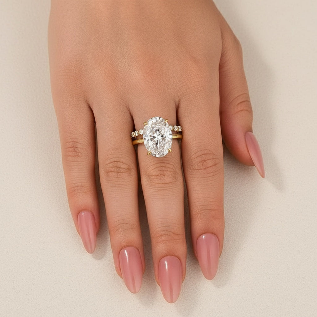 Aurevyn Solitaire 5.5Ct Oval Cut Yellow Gold Moissanite Wedding Ring Set With Round Cut Wedding Band