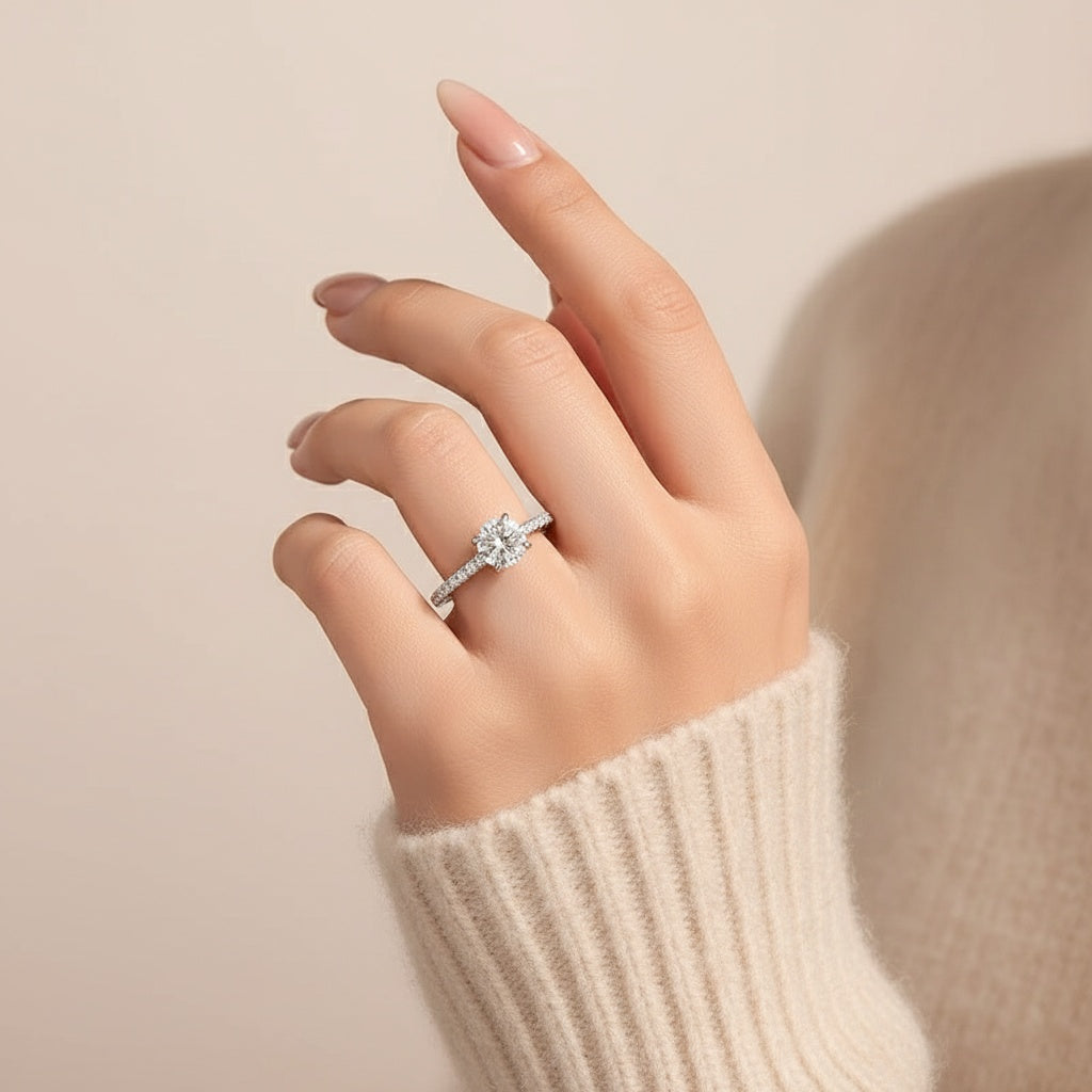 Aurevyn Triple Row Pavé 1.0Ct/2.0Ct Round Cut Moissanite Engagement Ring In Sterling Silver
