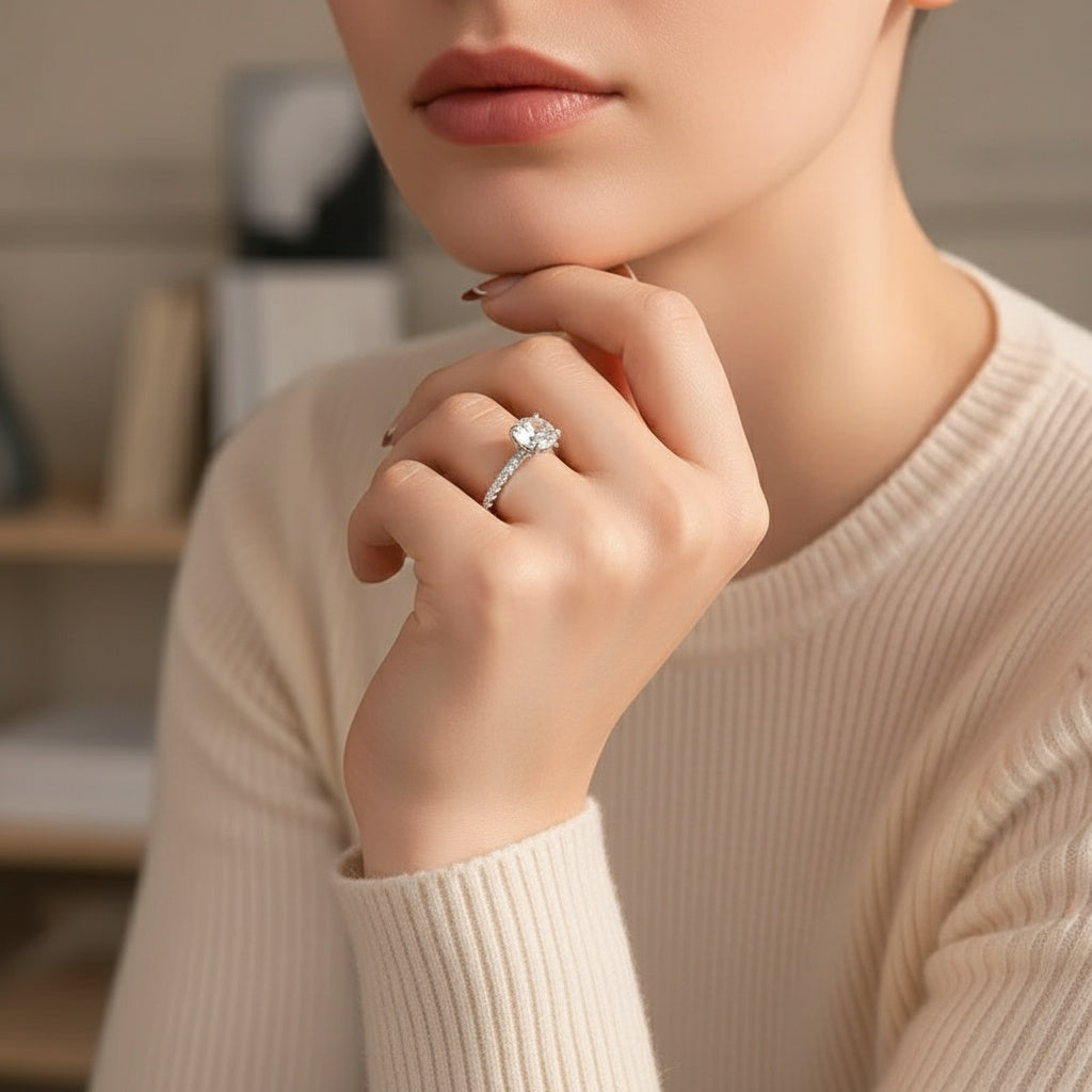 Aurevyn Triple Row Pavé 1.0Ct/2.0Ct Round Cut Moissanite Engagement Ring In Sterling Silver