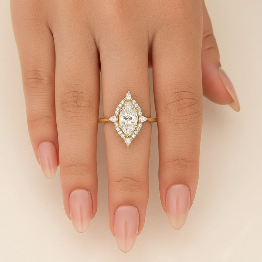 Aurevyn Vintage Moissanite 2.0Ct Marquise Cut Halo Engagement Ring Travel Ring For Her