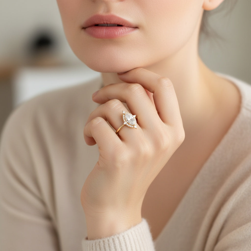 Aurevyn Vintage Moissanite 2.0Ct Marquise Cut Halo Engagement Ring Travel Ring For Her