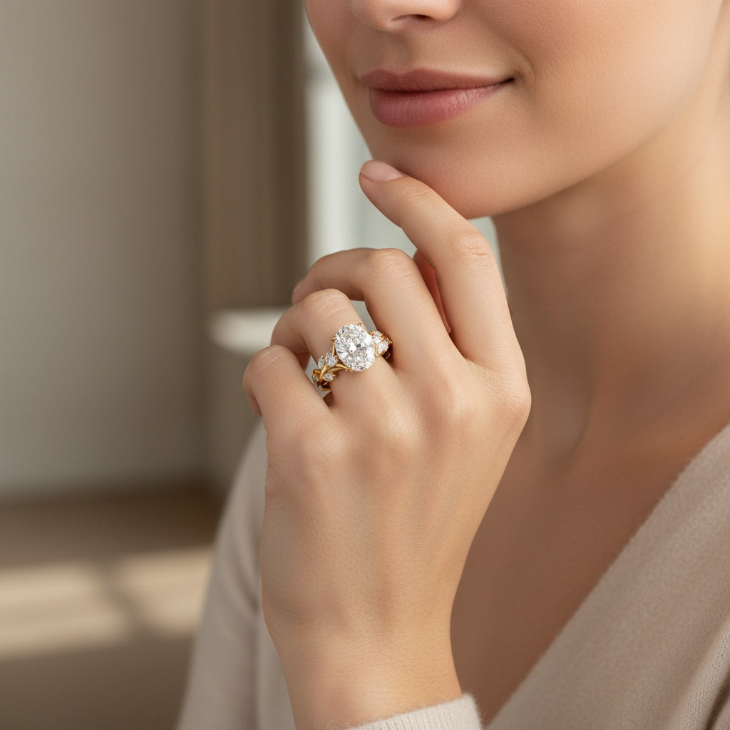 Aurevyn Vintage Moissanite 3.0Ct Oval Cut Side Stone Twist Engagement Ring In Sterling Silver