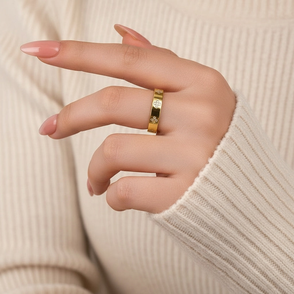 Aurevyn Yellow Gold Clover Wide Wedding Band