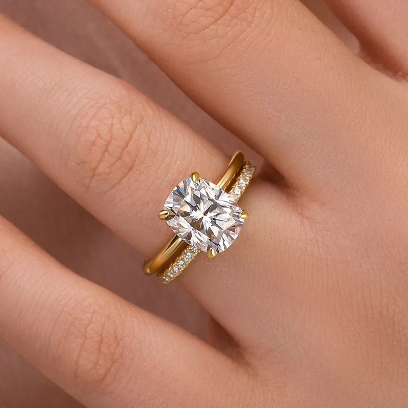 Aurevyn Moissanite 4.0 Ct Solitaire Cushion Cut Yellow Gold Wedding Ring Set