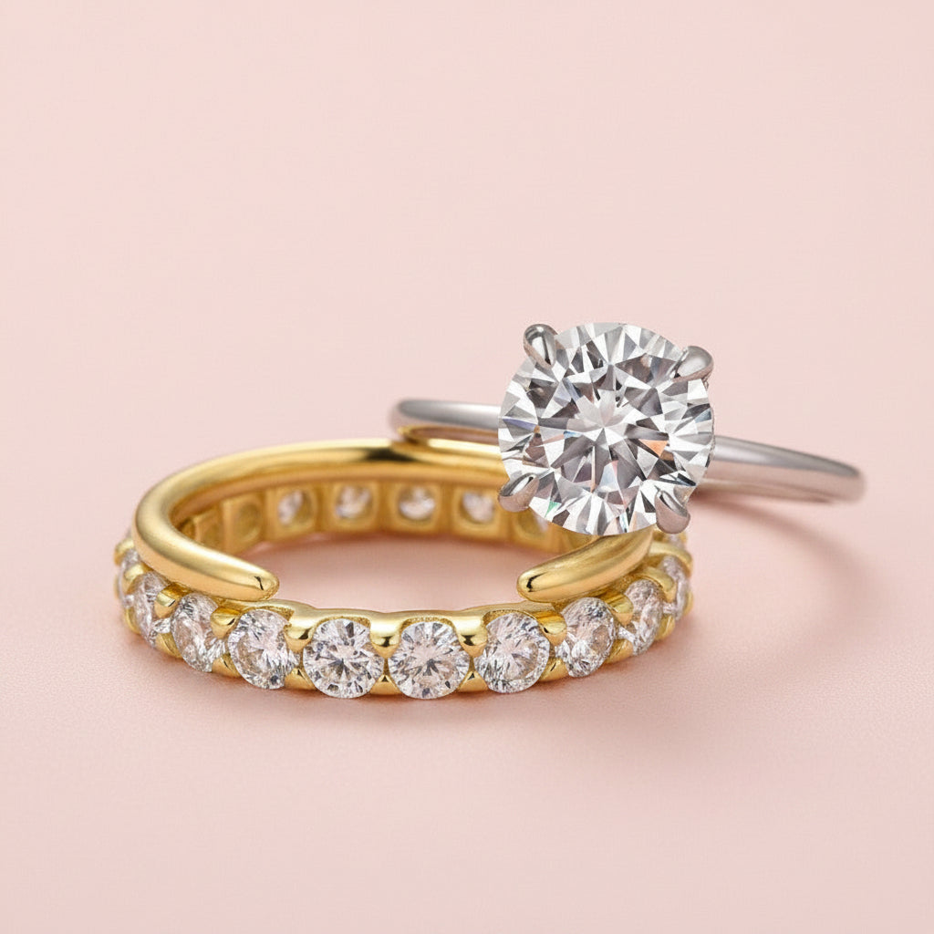 Aurevyn Moissanite 2.0 Ct Solitaire Round Cut Two-Tone Open Wedding Ring Set