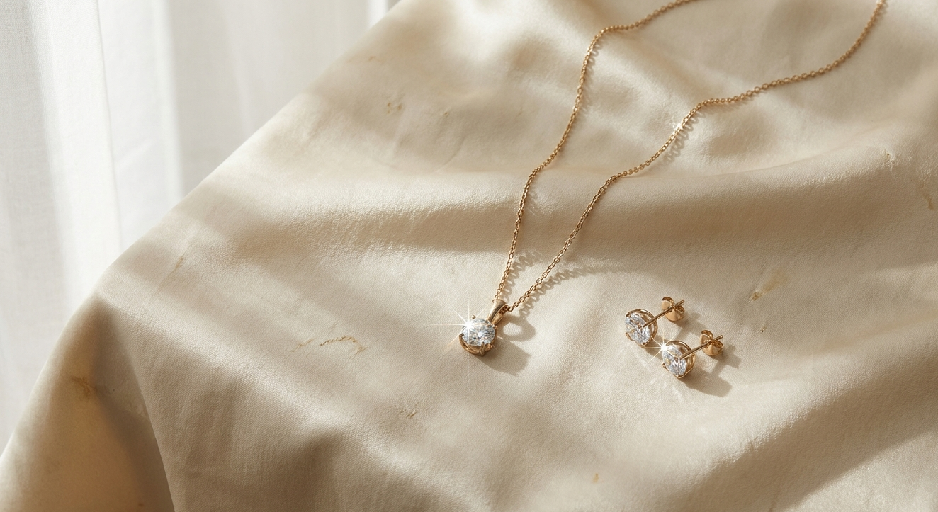 Gold necklace and earrings on a beige fabric background