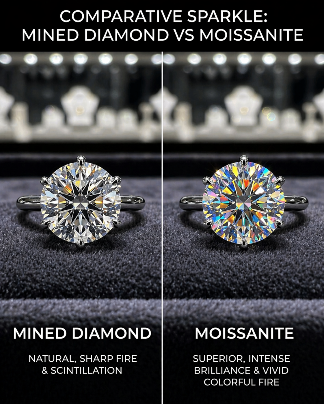 Comparison of mined diamond and moissanite rings on a dark background.