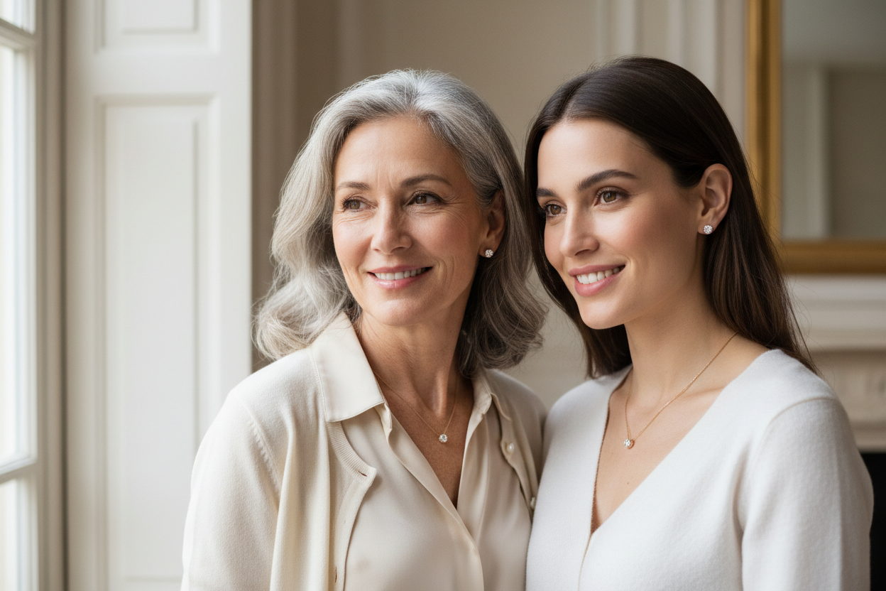 Two women standing close together in a well-lit room.